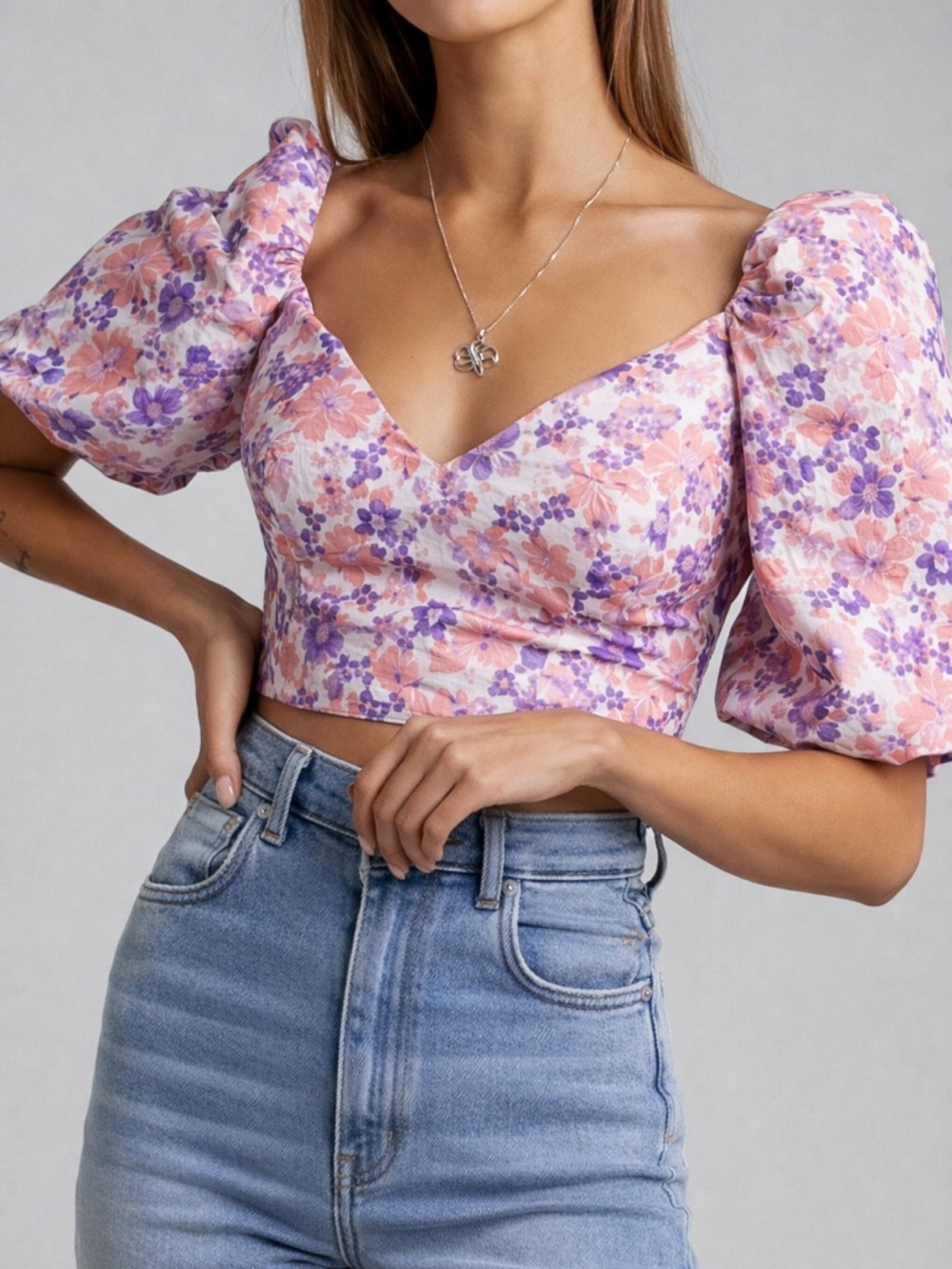 Showpo Ryliana Floral Puff Sleeve Crop Top Size 4 Romantic Cottagecore